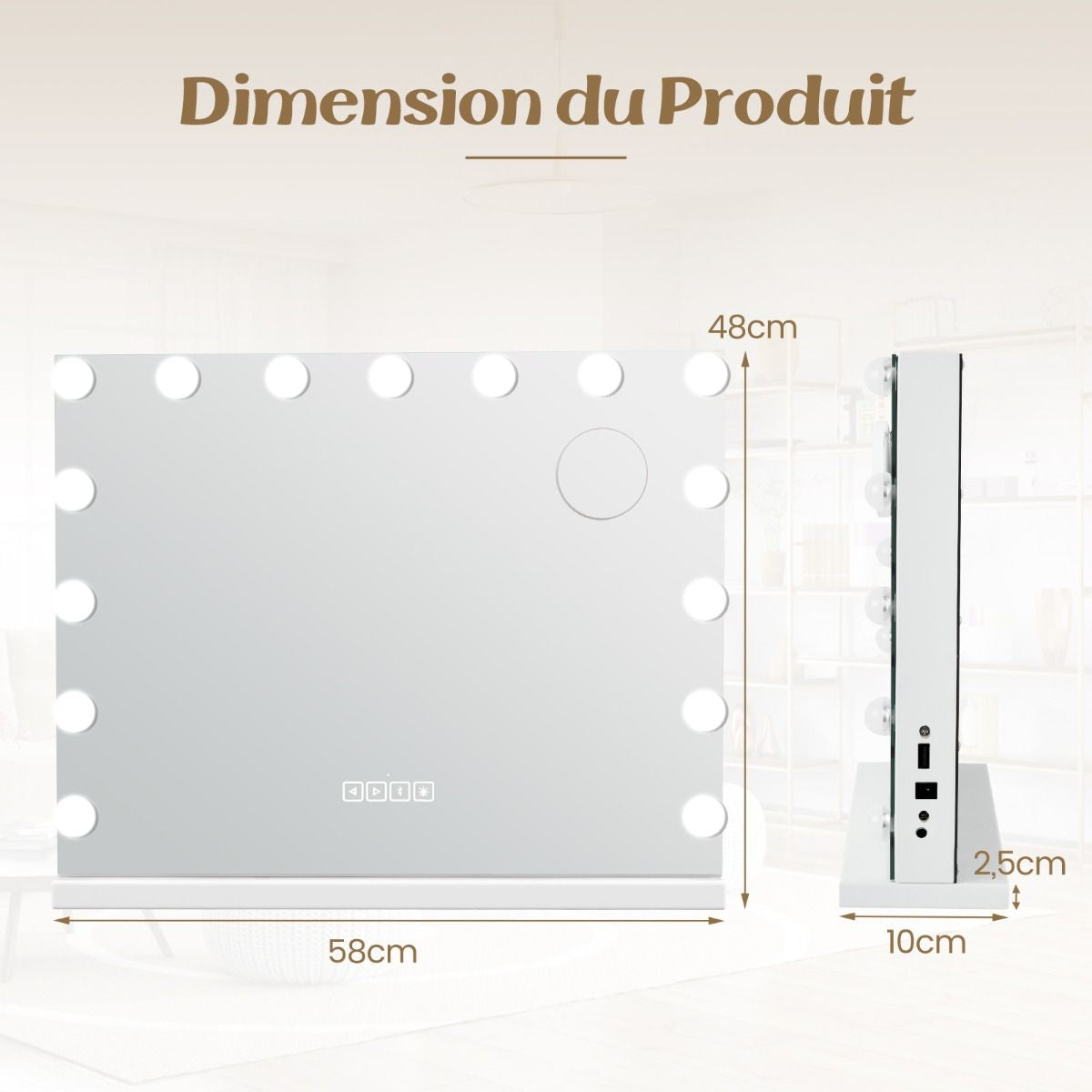 Miroir De Maquillage Avec 15 Led Miroir Hollywood À Intensité Variable 3 Couleurs Commande Tactile Intelligente Loupe Mural Ou De Table 46*58Cm Blanc