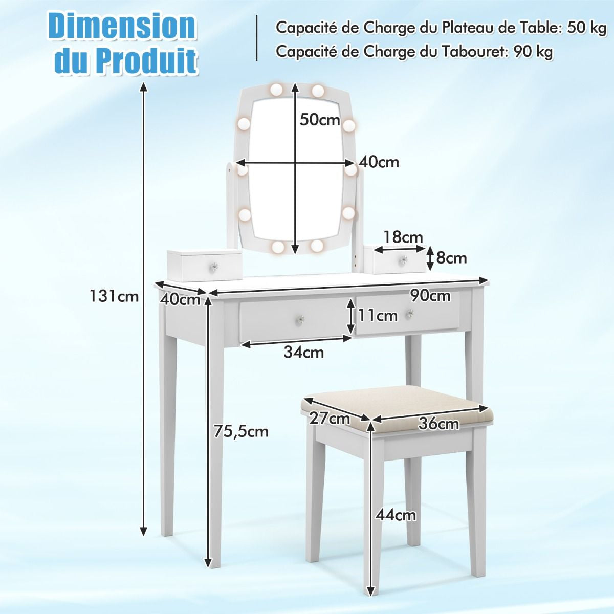 Coiffeuse Avec Miroir Eclairé Avec Lumières LED À Intensité Variable 3 Couleurs 4 Tiroirs Miroir Pivotant Tabouret Rembourré Blanc