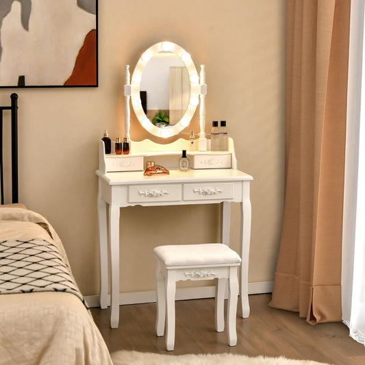 Coiffeuse Avec 10 Ampoules Table De Maquillage Avec Tabouret Miroir Ovale Interrupteur Et 4 Tiroirs 75X40X145Cm Blanc/Noir