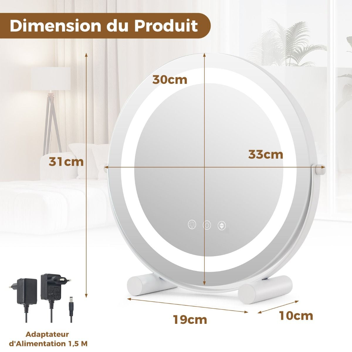 Miroir Maquillage Lumière LED Réglable 30CM Écran Tactile Rotation À 360° Fonction Mémoire Miroir Rond HD Blanc