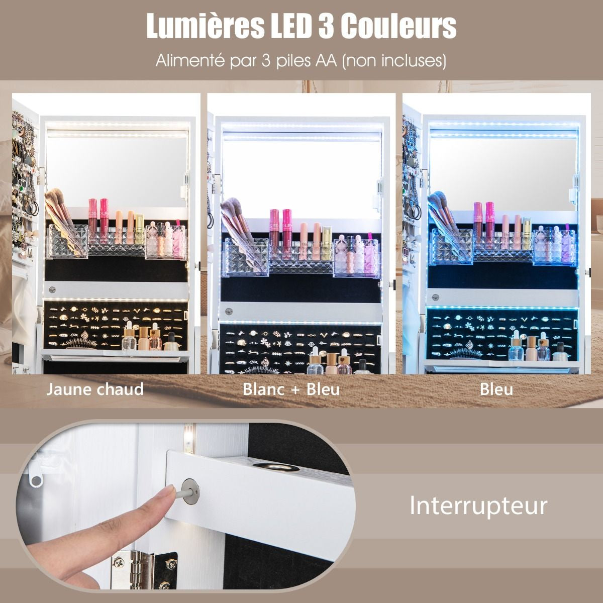 Armoire À Bijoux Sur Pied 4 Roues Verrouillables Miroir Pleine Longueur Lumières LED Tiroir Serrure Et Clé Marron/Blanc/Brun