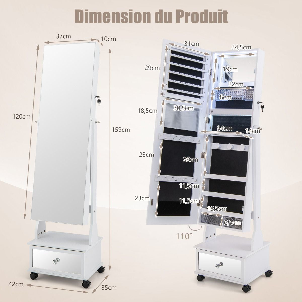 Armoire À Bijoux Sur Pied 4 Roues Verrouillables Miroir Pleine Longueur Lumières LED Tiroir Serrure Et Clé Marron/Blanc/Brun