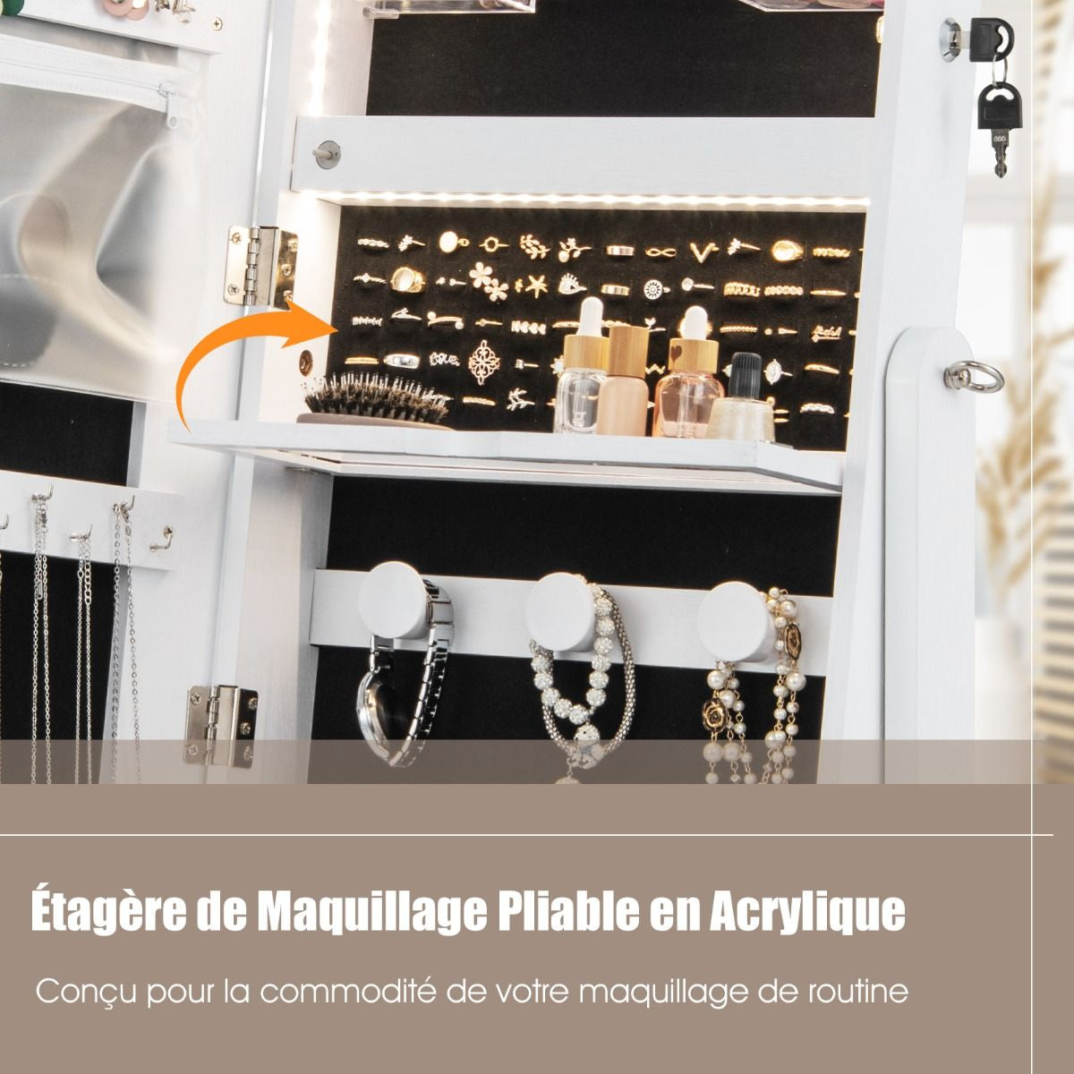 Armoire À Bijoux Sur Pied 4 Roues Verrouillables Miroir Pleine Longueur Lumières LED Tiroir Serrure Et Clé Marron/Blanc/Brun
