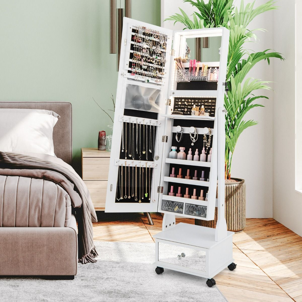 Armoire À Bijoux Sur Pied 4 Roues Verrouillables Miroir Pleine Longueur Lumières LED Tiroir Serrure Et Clé Marron/Blanc/Brun
