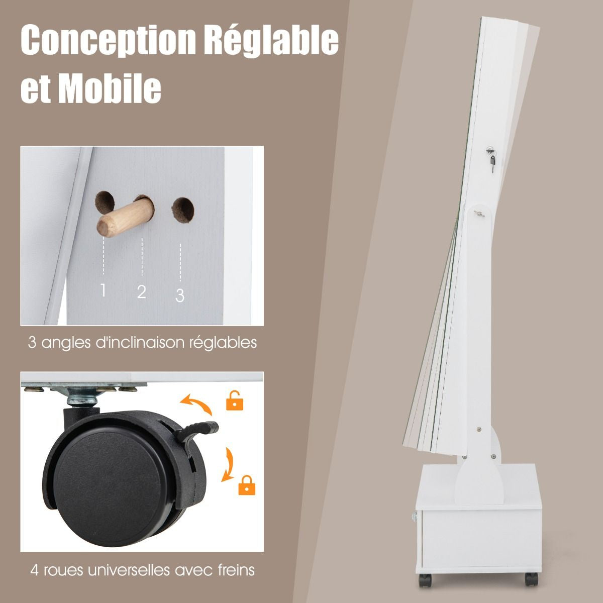 Armoire À Bijoux Sur Pied 4 Roues Verrouillables Miroir Pleine Longueur Lumières LED Tiroir Serrure Et Clé Marron/Blanc/Brun