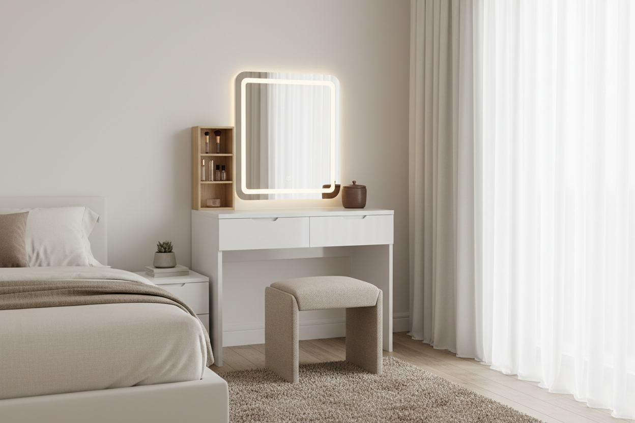 la table de maquillage blanc et raoute un univers de chambre epuré et une table de maquillage un petit peu plus complexe avec miroir tiroir et rangmeent mais simple